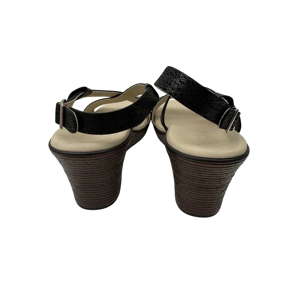 SAS Delight Wedge Heel Sandals Size 9.5 Black Web Leather Multi Strap Casual